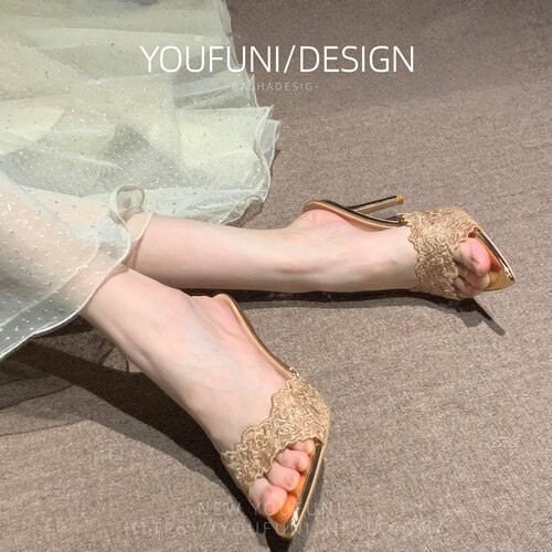 法式绝美香槟色蕾丝凉拖鞋女细跟尖头露趾性感名媛风高跟凉鞋女