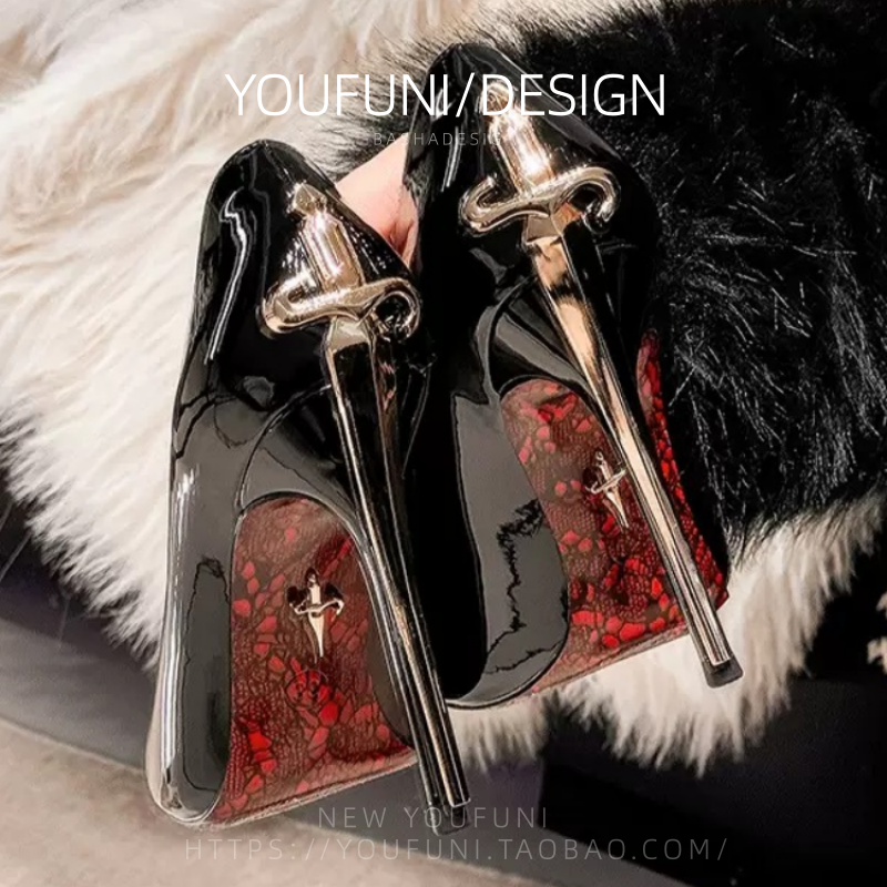 2026巨好看欧美风金属权杖漆皮尖头浅口单鞋女细跟性感红底高跟鞋,女鞋,浅口单鞋,淘宝优惠券,粉丝福利购,淘宝优惠卷