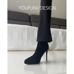 防水台红底高跟鞋短靴女秋冬季2025新款黑色细跟御姐尖头绒面靴子