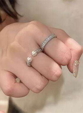 银色珍珠开口麻花食指戒女