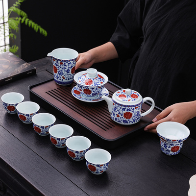 青花瓷釉里红功夫茶具套装家用2025新款泡茶专用茶具茶壶盖碗茶杯