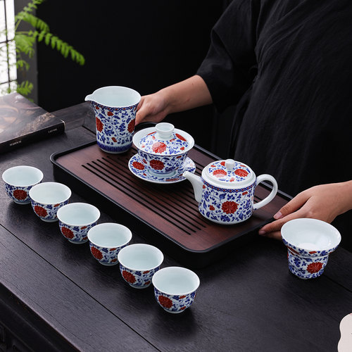 青花瓷釉里红功夫茶具套装家用2026新款泡茶专用茶具茶壶盖碗茶杯