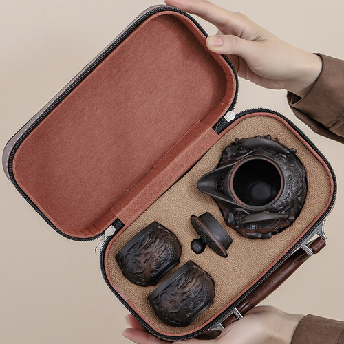 紫陶覆古手抓壶一壶二杯旅行茶具陶瓷茶杯泡茶壶户外可携式泡茶器