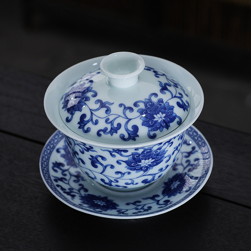 青花瓷覆古三才盖碗茶杯陶瓷单个高档功夫茶具泡茶大容量盖碗茶碗