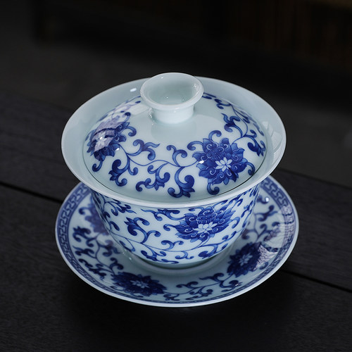 青花瓷悬停盖碗大容量喝茶碗