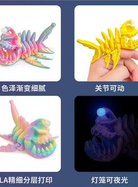 3d打印骷髅灯笼鱼夜光可活动桌面摆件跨境热销摆摊夜市热卖
