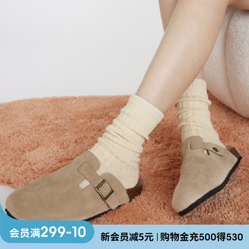 上森袜子女中筒袜春秋款粗线针织毛线袜勃肯鞋复古长袜白色堆堆袜