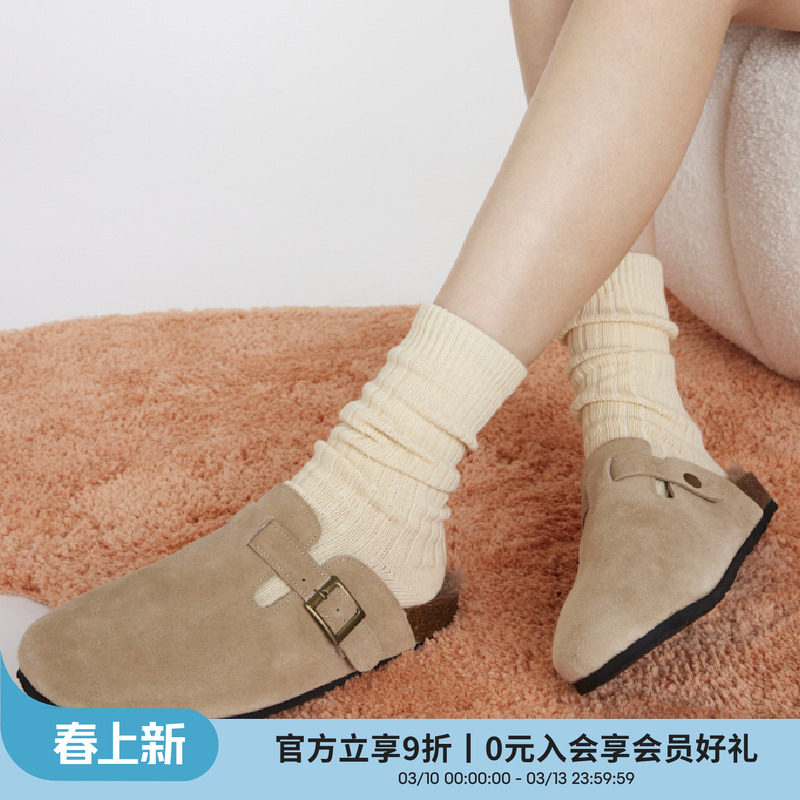 上森袜子女中筒袜春秋款粗线针织毛线袜勃肯鞋复古长袜白色堆堆袜