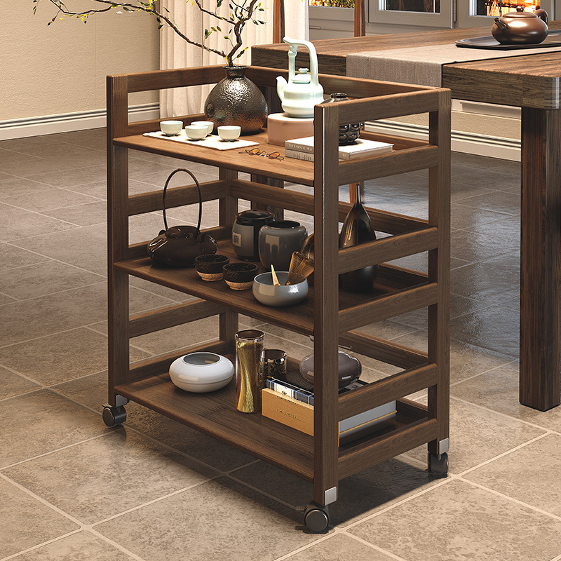 茶具置物架胡桃木小推车茶叶茶杯收纳架可移动茶水柜全实木茶台桌