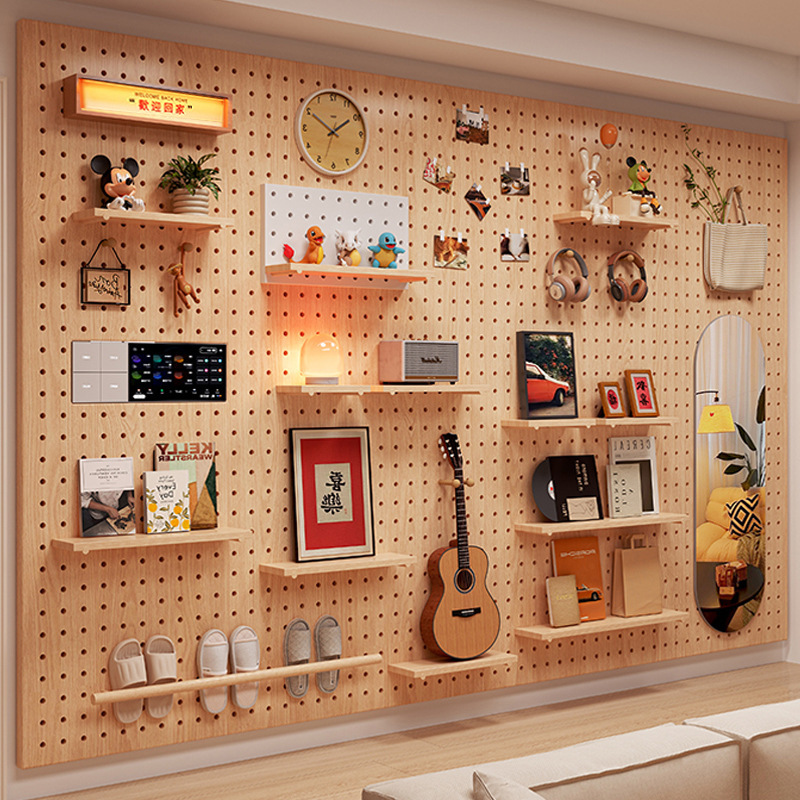 实木洞洞板置物架入户玄关造型墙挂衣架一体墙面展示架
