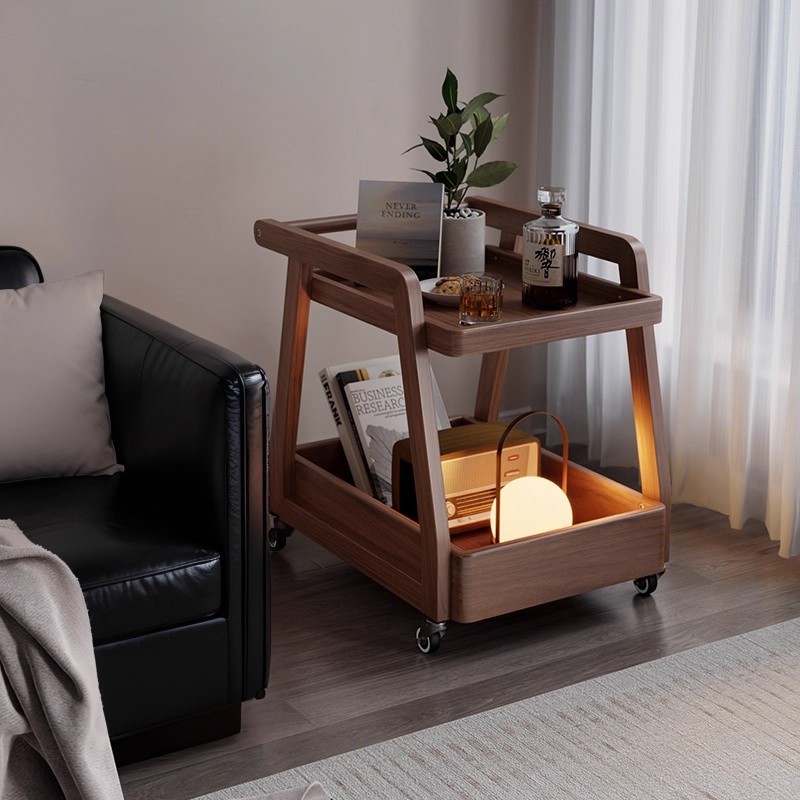 可移动沙发边几客厅家用中古风方形实木小推车茶几卧室床头置物架