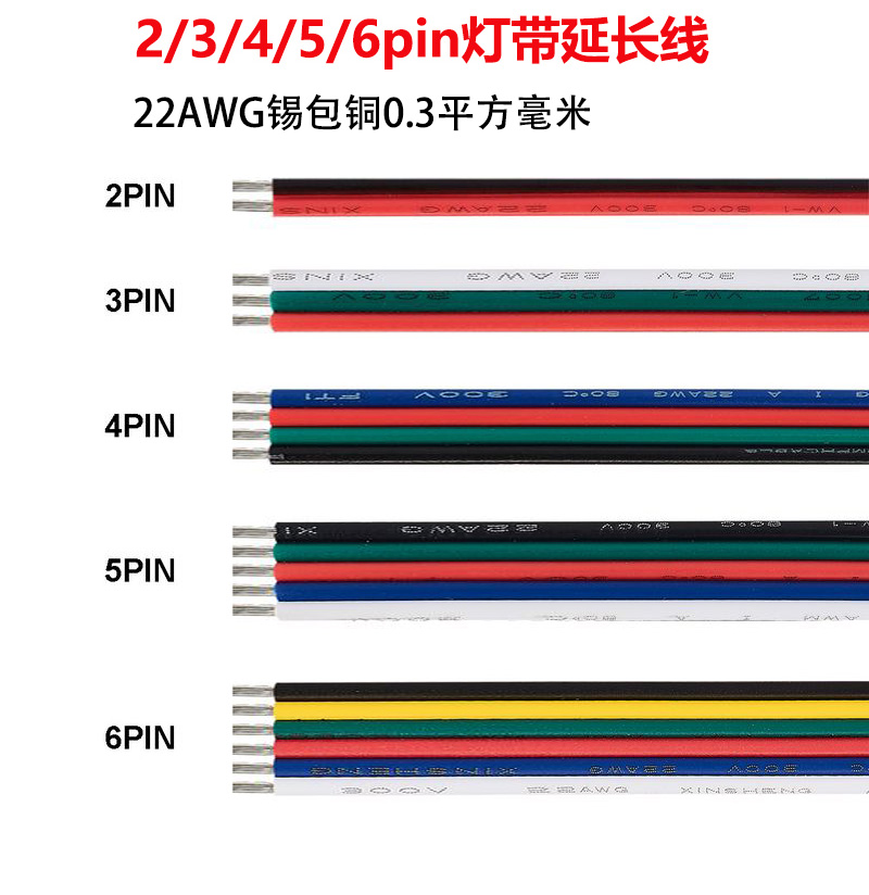 低压led灯带延长线2/3/4/5pin拼并线22AWG电线0.3平方2