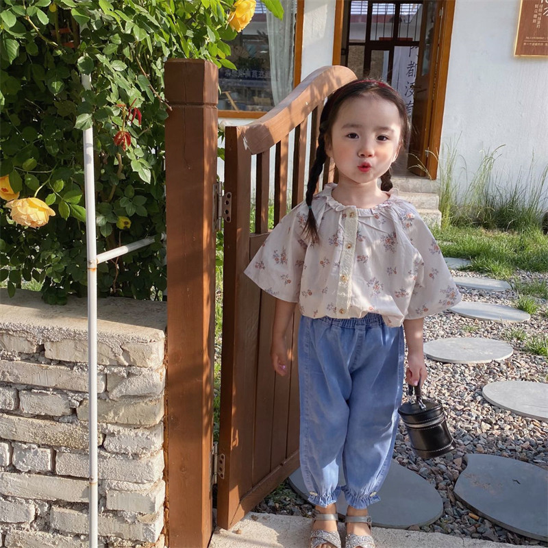 蛋花汤DHT 夏季女童新款韩版碎花衬衫 女宝宝法式复古短袖上衣棉