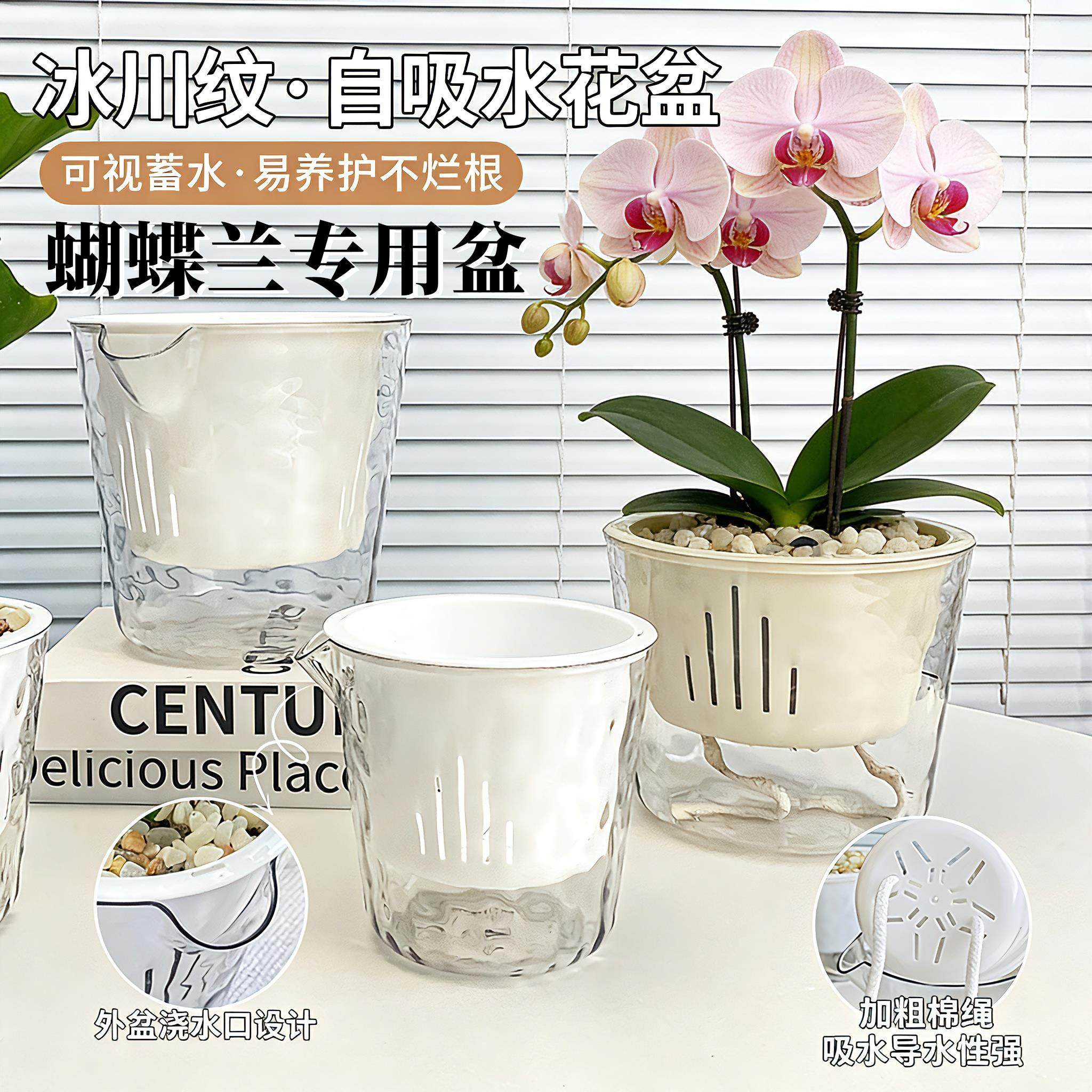 蝴蝶兰冰川纹透明懒人自吸水花盆水培养植物免浇水塑料仿玻璃花盆