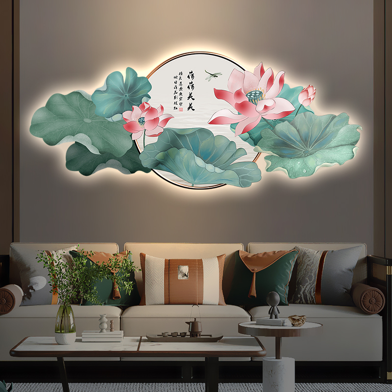 新中式荷花装饰画客厅沙发背景墙led壁灯挂画发光餐厅莲花九鱼图图片