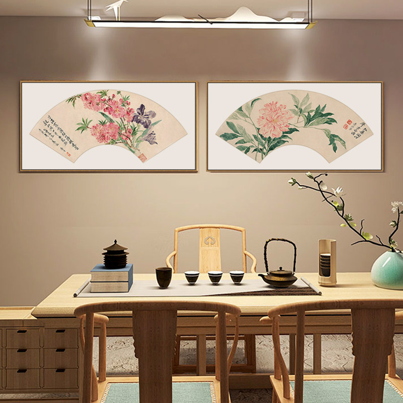 新中式餐厅装饰画花鸟扇形床头挂画恽寿平国画扇面牡丹图茶室壁画