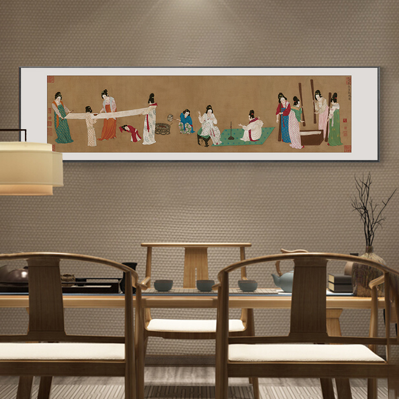 仕女图装饰画中式卧室床头挂画茶室书房古画捣练图酒店样板间壁画