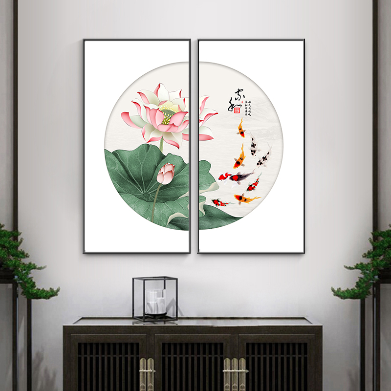 新中式玄关装饰画正方形禅意荷花书房挂画入户走廊过道九鱼图壁画图片