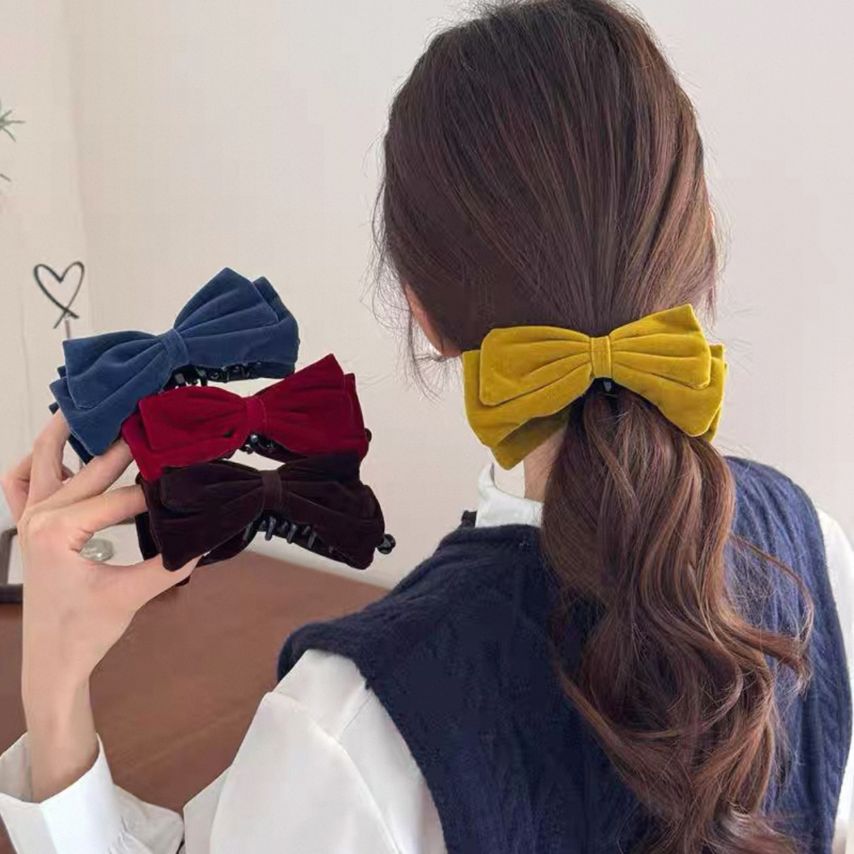 新款复古植绒双面蝴蝶结香蕉夹高马尾固定夹显发量马尾夹高级百搭