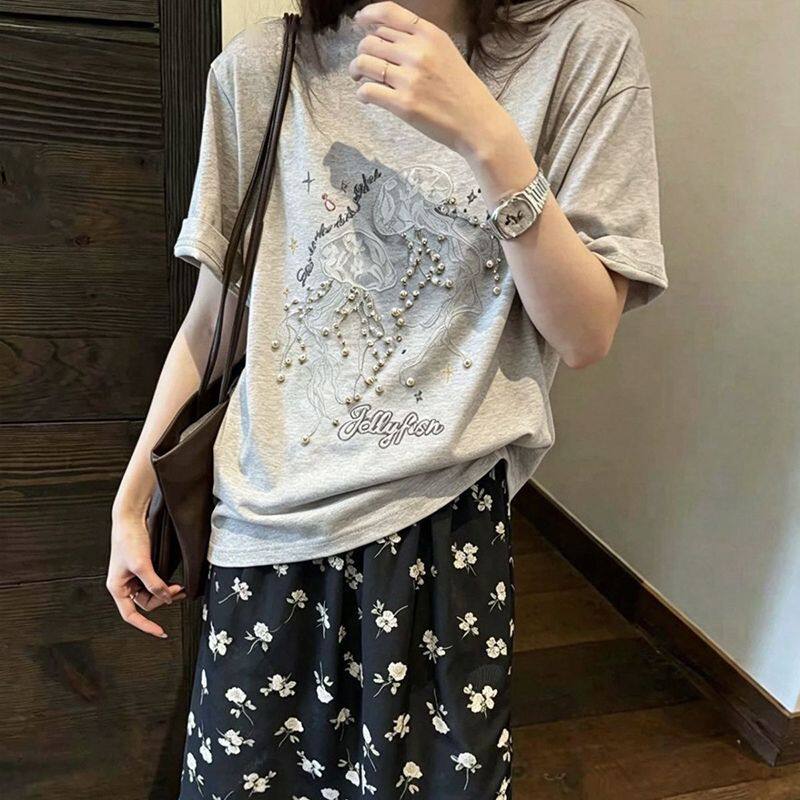 220g纯棉 螺纹领口 +后包边 原版绣花+钉珠+拼接蕾丝短袖T恤女