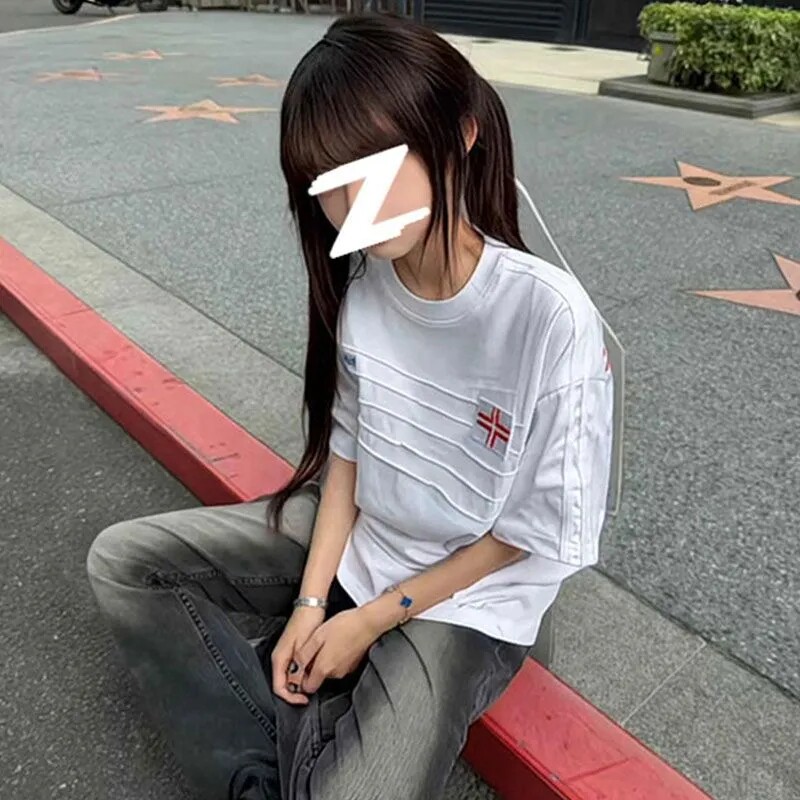 220g纯棉 螺纹领口 +后包边 褶痕+刺绣+后印花短袖T恤男女