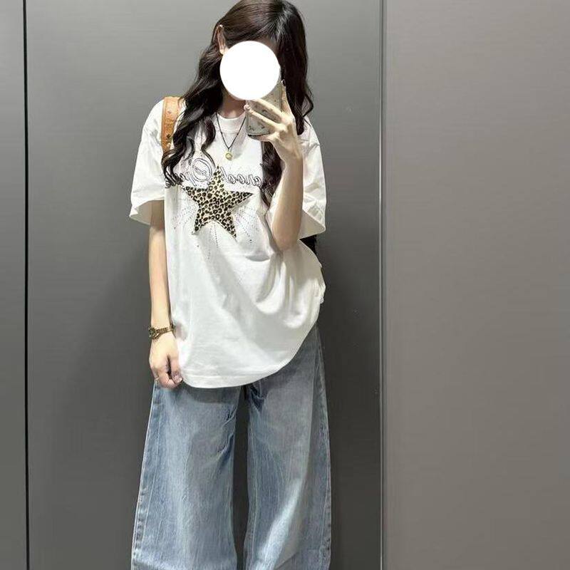 实价 220g纯棉 螺纹领口  后包边 豹纹星星贴布 烫钻短袖T恤女