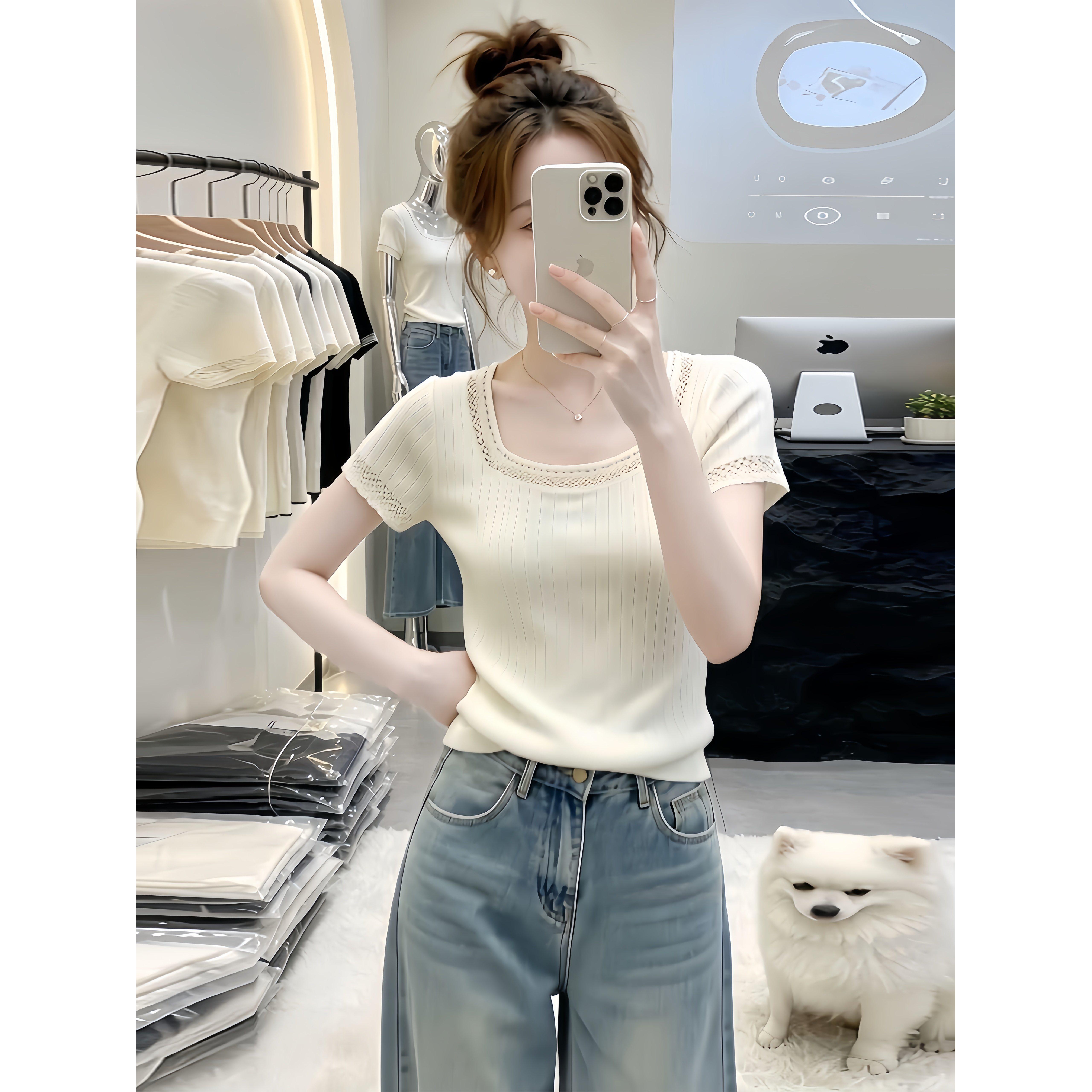 白色方领蕾丝边短袖t恤女2026新款夏季法式绝美小上衣高智感穿搭