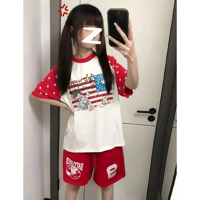 220g纯棉 +后包领 袖子双印花撞色拼接宽松短袖T恤女