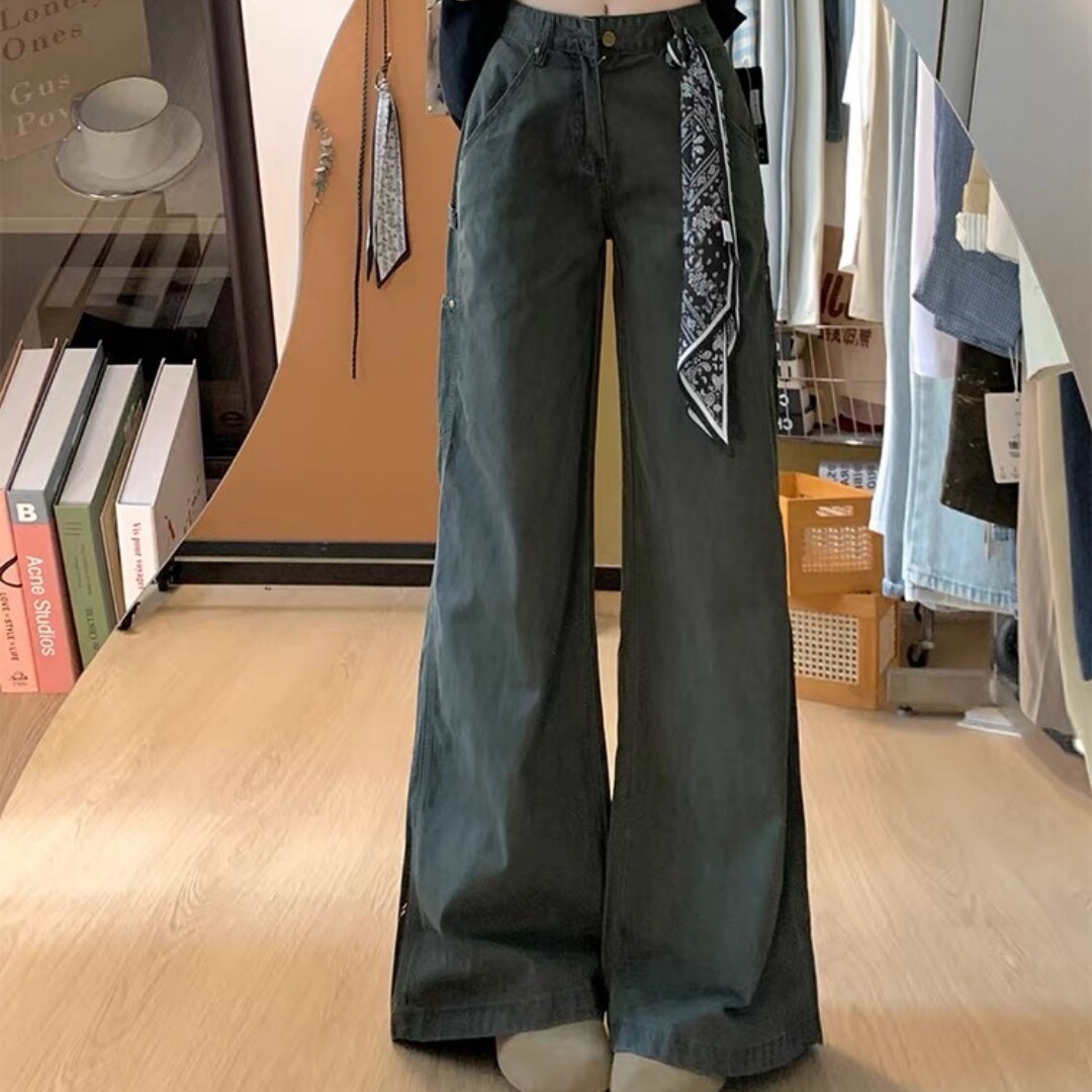 美式军绿色工装裤女新款多口袋复古休闲阔腿宽松直筒微喇牛仔裤子
