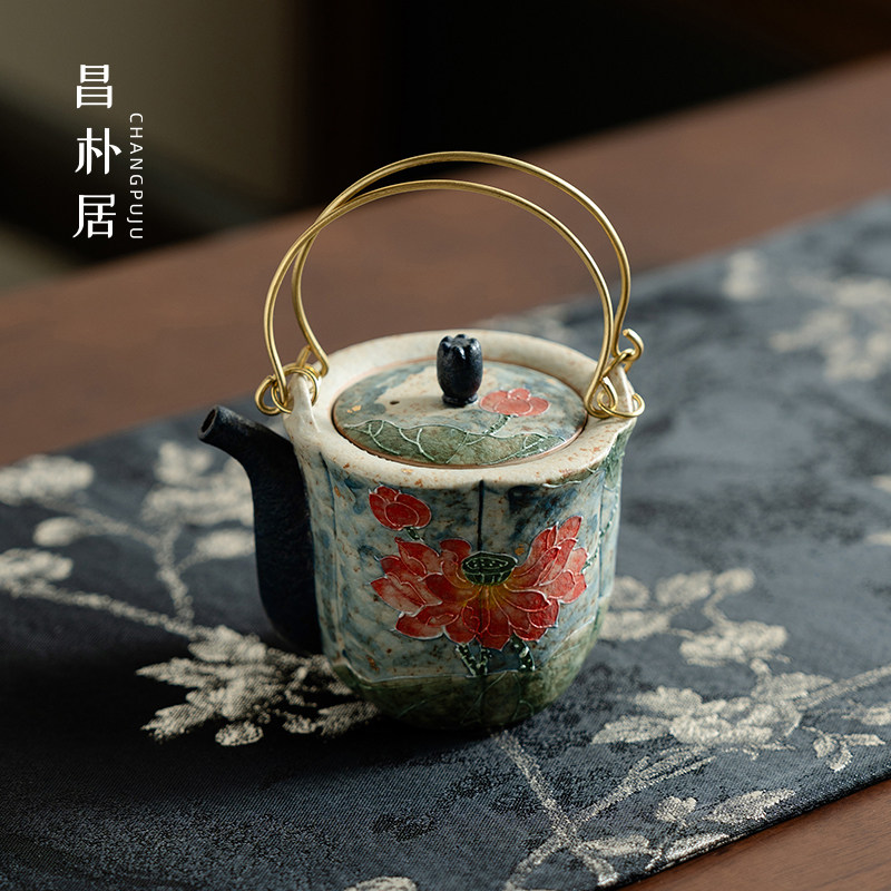 昌朴居提梁壶青花火石红莲开 并蒂铜把茶壶茶杯陶瓷纯手绘家用茶