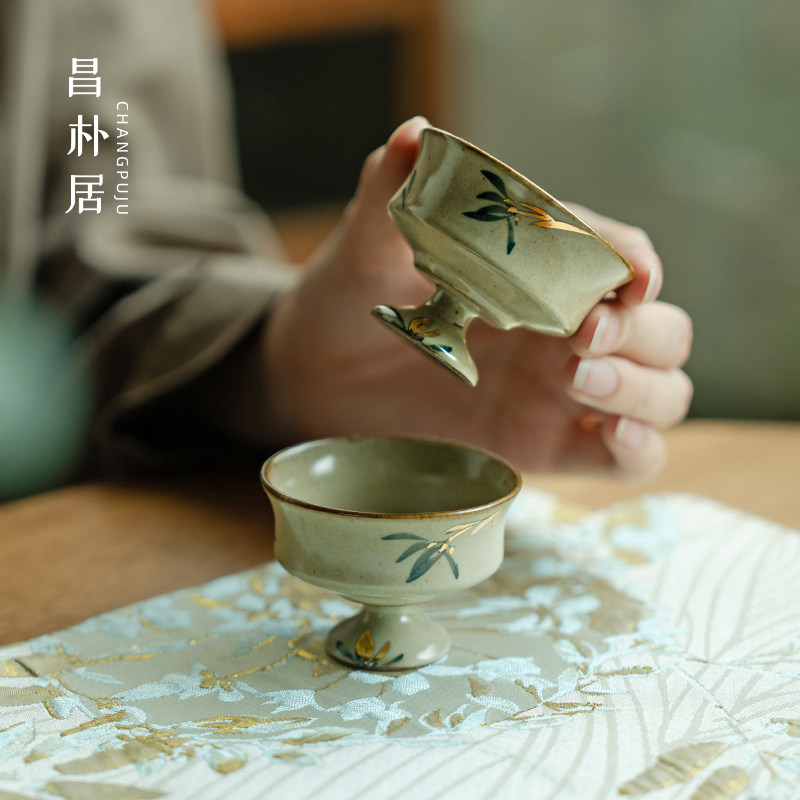 昌朴居高足主人杯茶杯高脚杯窑变仿古纯手绘蝴蝶兰花品茗杯茶具杯
