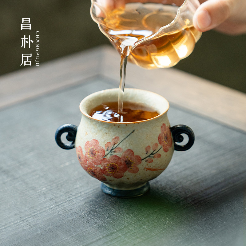 昌朴居主人杯茶杯彷古品茗杯子青花火石红纯手绘梅花陶瓷茶具家用