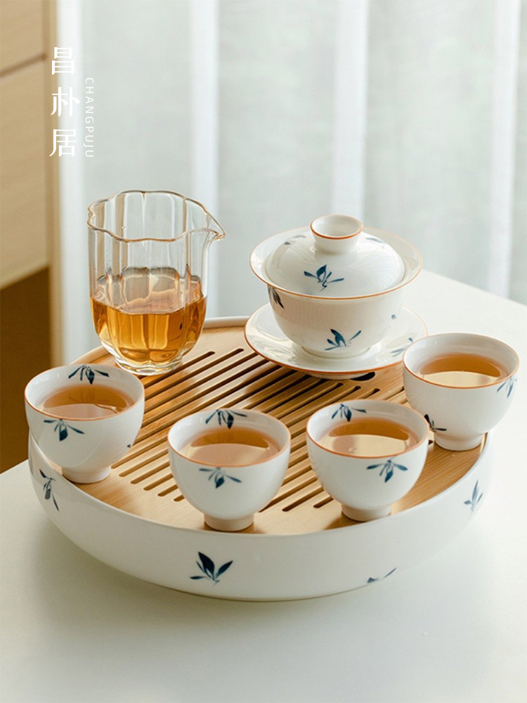 昌朴居功夫茶具套装手绘蝴蝶兰花家用客厅陶瓷茶壶盖碗泡茶整套