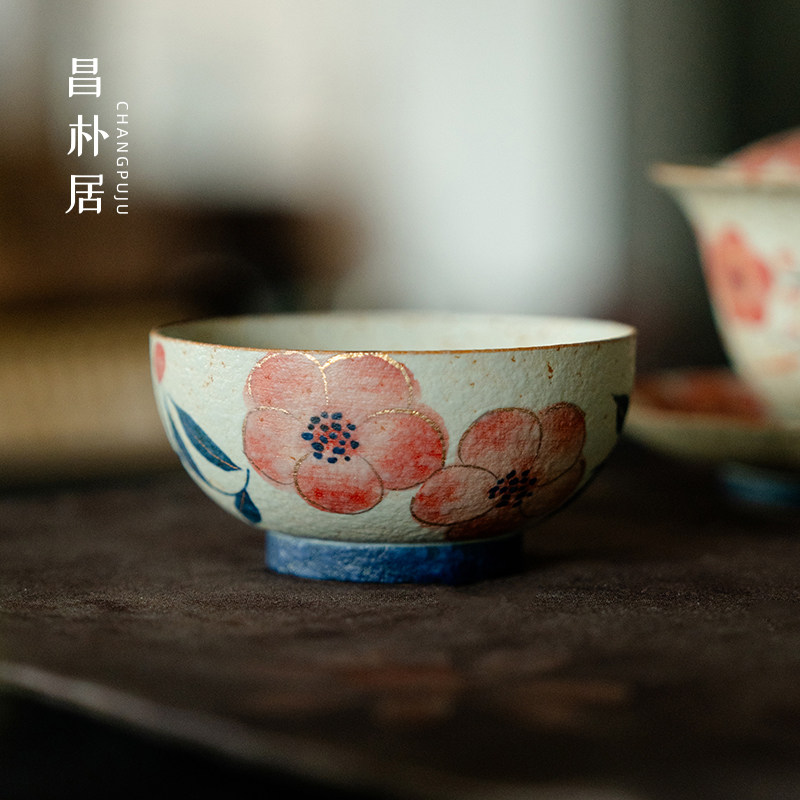 昌朴居纯手绘桃花闻心主人杯青花火石红陶瓷茶杯家用休闲待客单杯