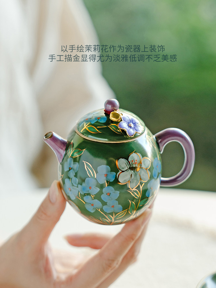 昌朴居茶壶手作陶瓷祖母绿纯手绘茉莉花蛋形壶泡茶器高档功夫茶具