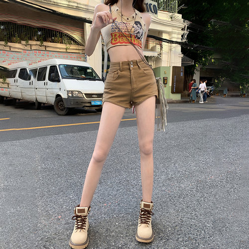 RJVO美式牛仔短裤小个子双扣热裤