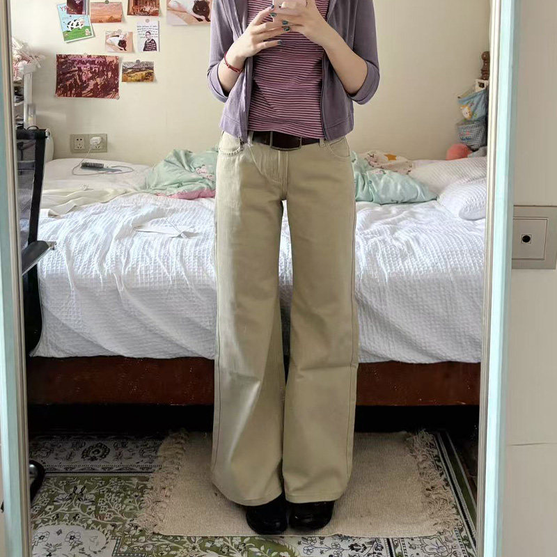 RJVO卡其色微喇低腰窄版牛仔裤女秋季新款时尚显瘦百搭不贴腿长裤