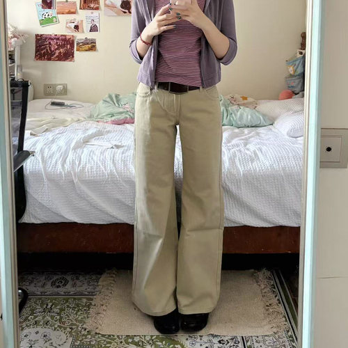 RJVO卡其色微喇低腰窄版牛仔裤女秋季新款时尚显瘦百搭不贴腿长裤
