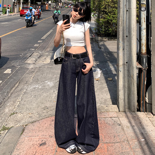 女春季 原色百搭长裤 新款 时尚 宽松阔腿裤 RJVO丹宁色复古垂感牛仔裤