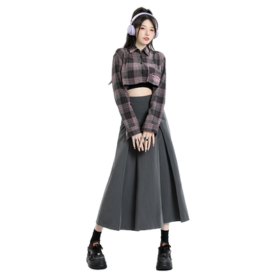 RJVO长裙a字气质百搭灰色半身裙