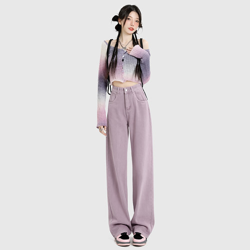 RJVO阔腿长裤紫色做旧高腰牛仔裤