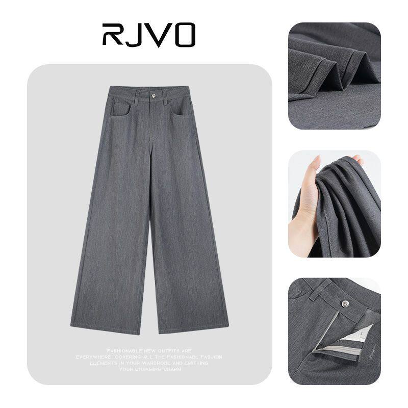 RJVO新款灰色高腰阔腿裤女设计感时尚简约西裤宽松百搭直筒长裤
