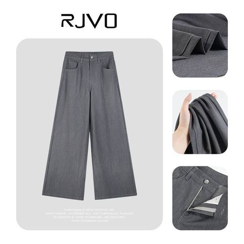 RJVO新款灰色高腰阔腿裤女设计感时尚简约西裤宽松百搭直筒长裤