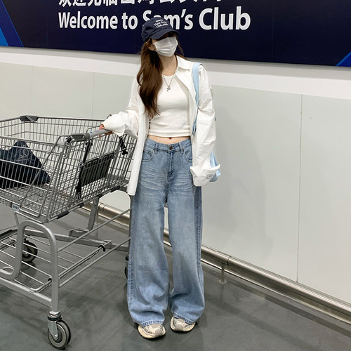 RJVO蓝色复古高腰水洗牛仔裤女