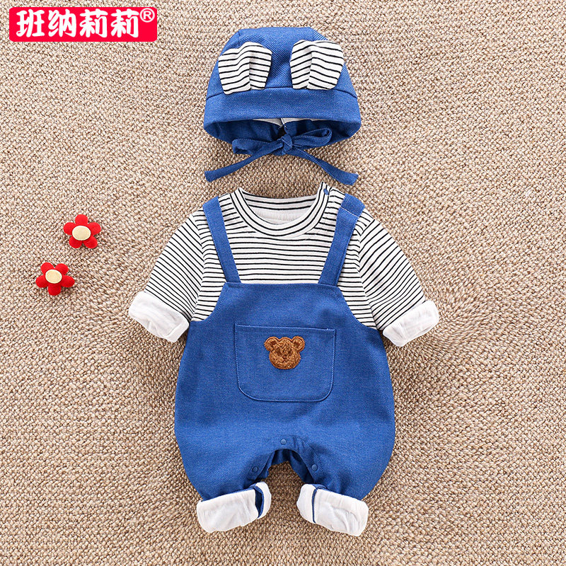 网红婴儿秋装软牛仔衣服新生儿连体哈衣宝宝超萌百天爬服春秋外出