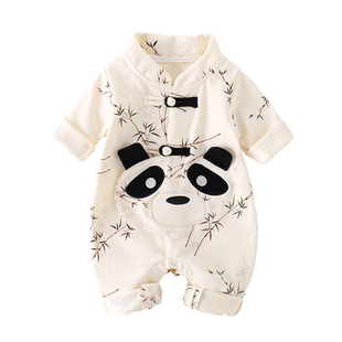 婴儿衣服春秋季薄款连体衣复古中国风唐装男女宝宝满月百天拍照服