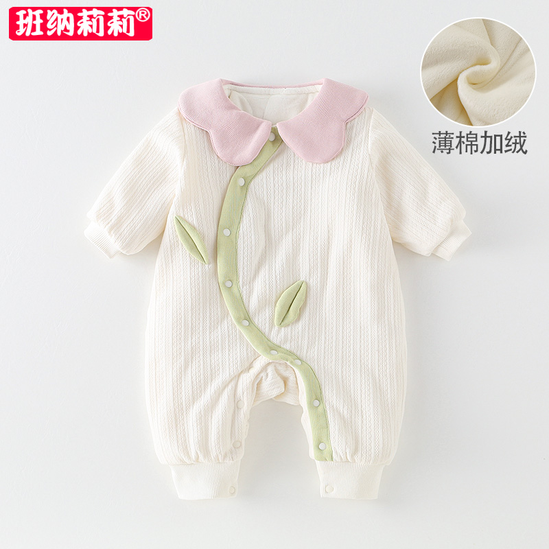 女宝宝秋冬夹棉连体衣满月百天