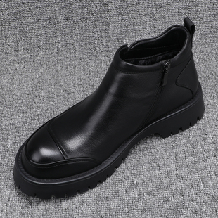 冬季加绒切尔西靴子男款真皮休闲高帮皮鞋男英伦厚底侧拉链马丁靴