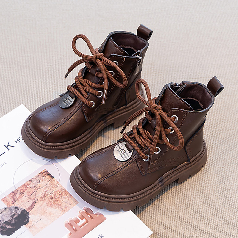 儿童皮靴秋冬新款女童软底皮面百搭马丁靴加绒二棉靴女孩靴子中童