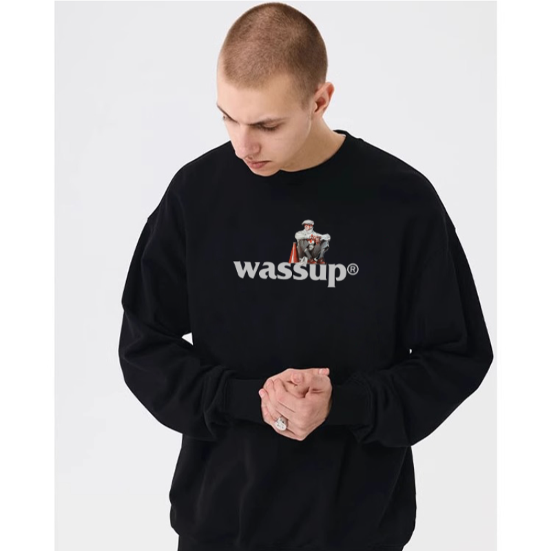 WASSUP重磅纯棉字母圆领卫衣男2025新款秋冬潮牌宽松无帽情侣上衣